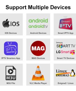QHDTV IPTV SHOP SUBTV IPTV 12 MOIS Infographie illustrant les nombreux appareils compatibles avec l'abonnement SubTV, tels que Smart TV, Android, iOS, MAG, et VLC.