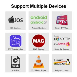 QHDTV IPTV SHOP SUBTV IPTV 12 MOIS Infographie illustrant les nombreux appareils compatibles avec l'abonnement SubTV, tels que Smart TV, Android, iOS, MAG, et VLC.