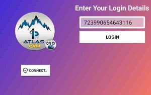 QHDTV IPTV SHOP ATLAS PRO ONTV CODE 12 MOIS Écran de connexion pour Atlas pro ontv avec saisie du code d'activation pour un accès rapide au service IPTV.