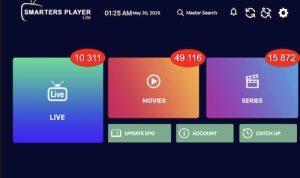 QHDTV IPTV SHOP IPTV Premium sans coupure - Parfait pour foot nterface d'une application IPTV premium avec des sections pour la télévision en direct, les films et les séries.