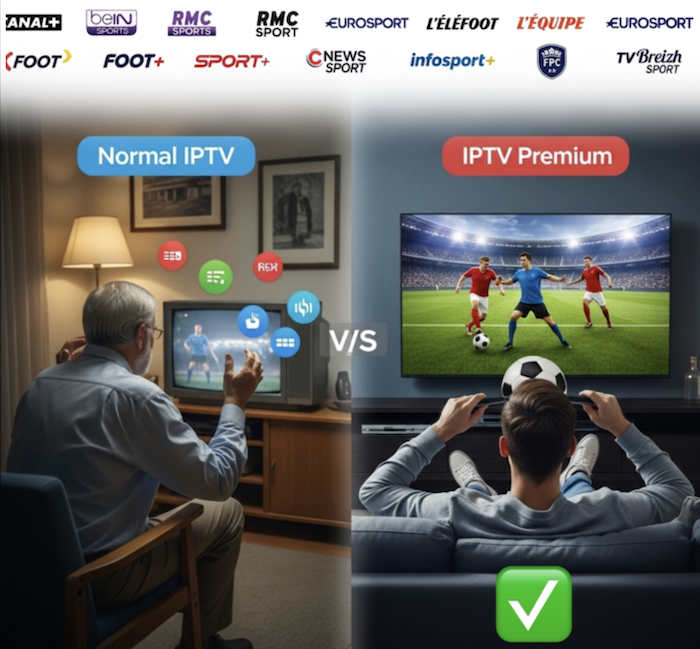 QHDTV IPTV SHOP IPTV Premium sans coupure - Parfait pour foot Comparaison avant et après IPTV Premium sans coupure, streaming football HD