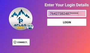 Interface de connexion Atlas Pro IPTV avec champs pour le code d'activation et le login.